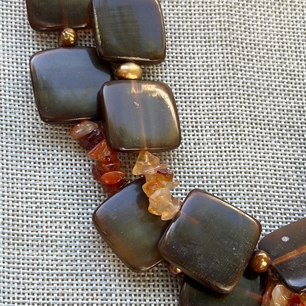VINTAGE Necklace Brown Square Beads with Amber Colored Beads and Copper 25”- 30” - Picture 4 of 8